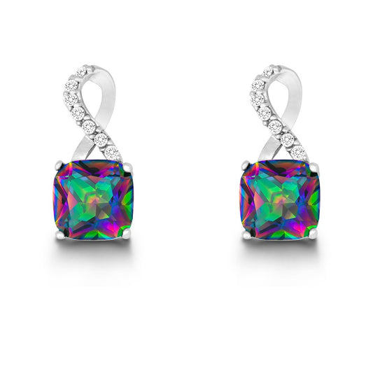 Sterling Silver Half CZ Figure 8 with Square Rainbow CZ Earrings