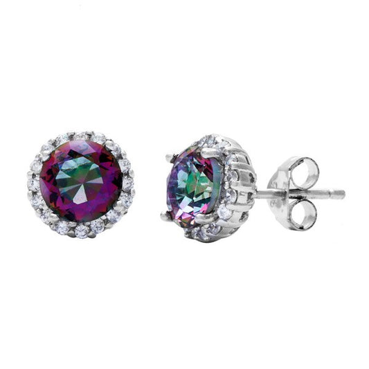 Sterling Silver Prong Round Rainbow CZ with Clear CZ Border Earrings