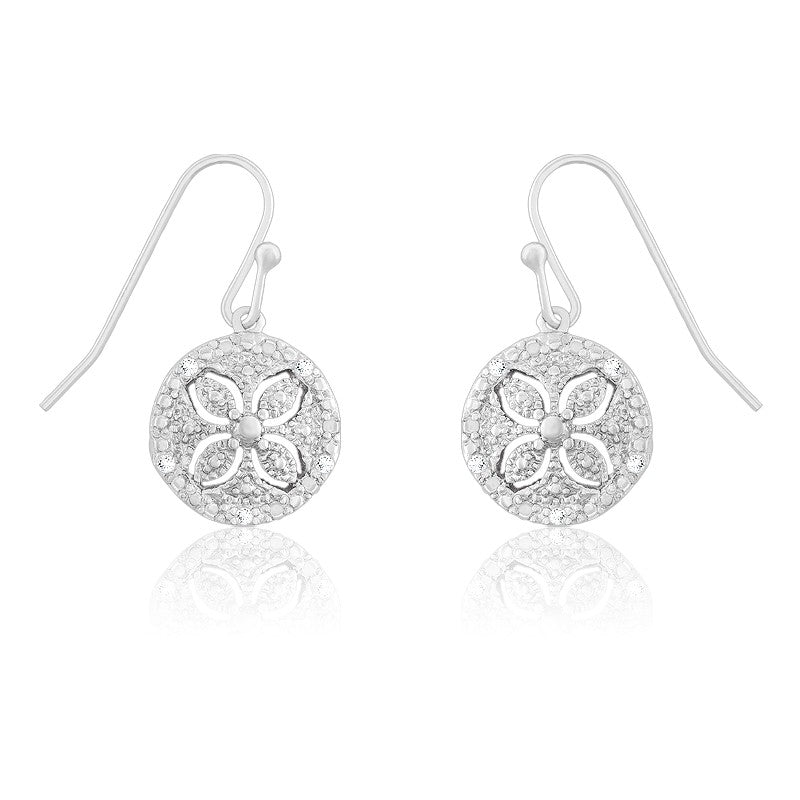 Sterling Silver Round Disc with Flower Cutout Diamond Earrings