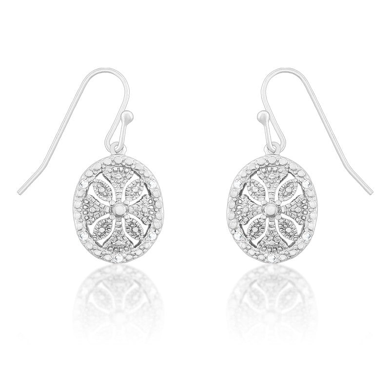 Sterling Silver Oval Disc with Flower Cutout Diamond Earrings