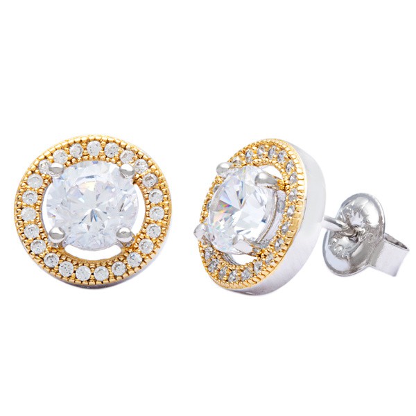 Sterling Silver GP Center Circle CZ and Micro Pave Earrings
