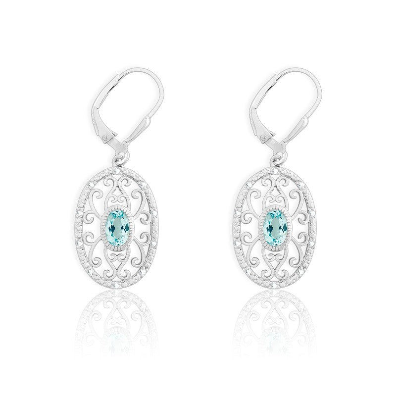 Sterling Silver Diamonds with Center Blue Stone Oval Earrings