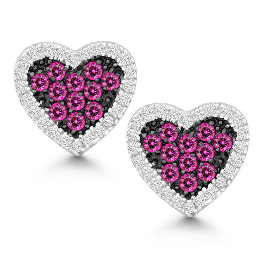 Sterling Silver Clear and Pink CZ Black Rhodium Heart Earrings