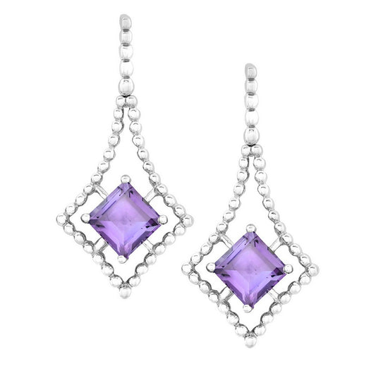Sterling Silver Open Beaded Square with Center Square Amethyst Earrings
