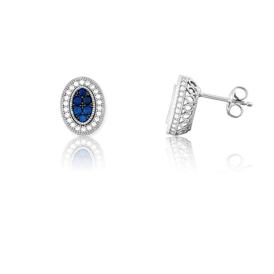 Sterling Silver Oval Sapphire and White CZ Micro Pave Earrings