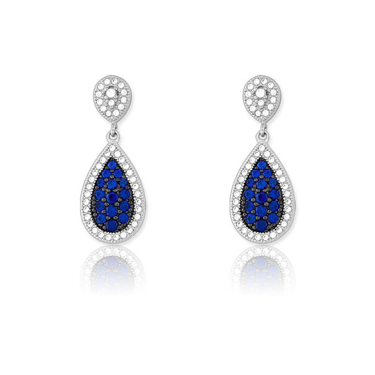 Sterling Silver Tearshaped Sapphire and White CZ Micro Pave Earrings