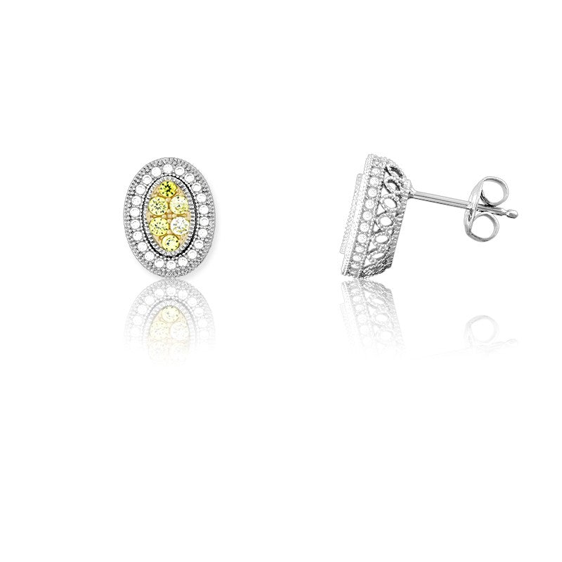 Sterling Silver Oval Canary and White CZ Micro Pave Earrings