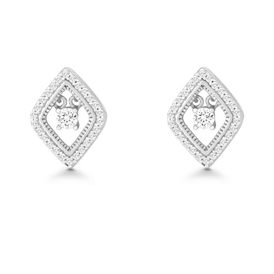 Sterling Silver Micro Pave with Center Dancing-Shimmering CZ Diamond Shaped Earrings