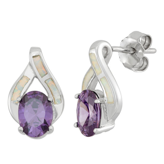 Sterling Silver White Inlay Opal With  Large Purple Oval CZ Earrings
