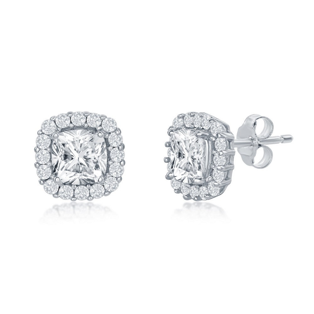 Sterling Silver 6mm CZ Square with CZ Border Stud Earrings