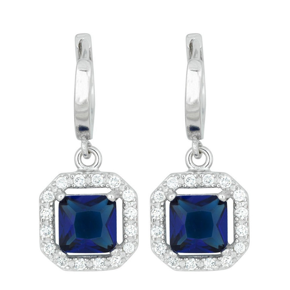 Sterling Silver Square Dangling Dark Blue CZ Micro Pave Earrings