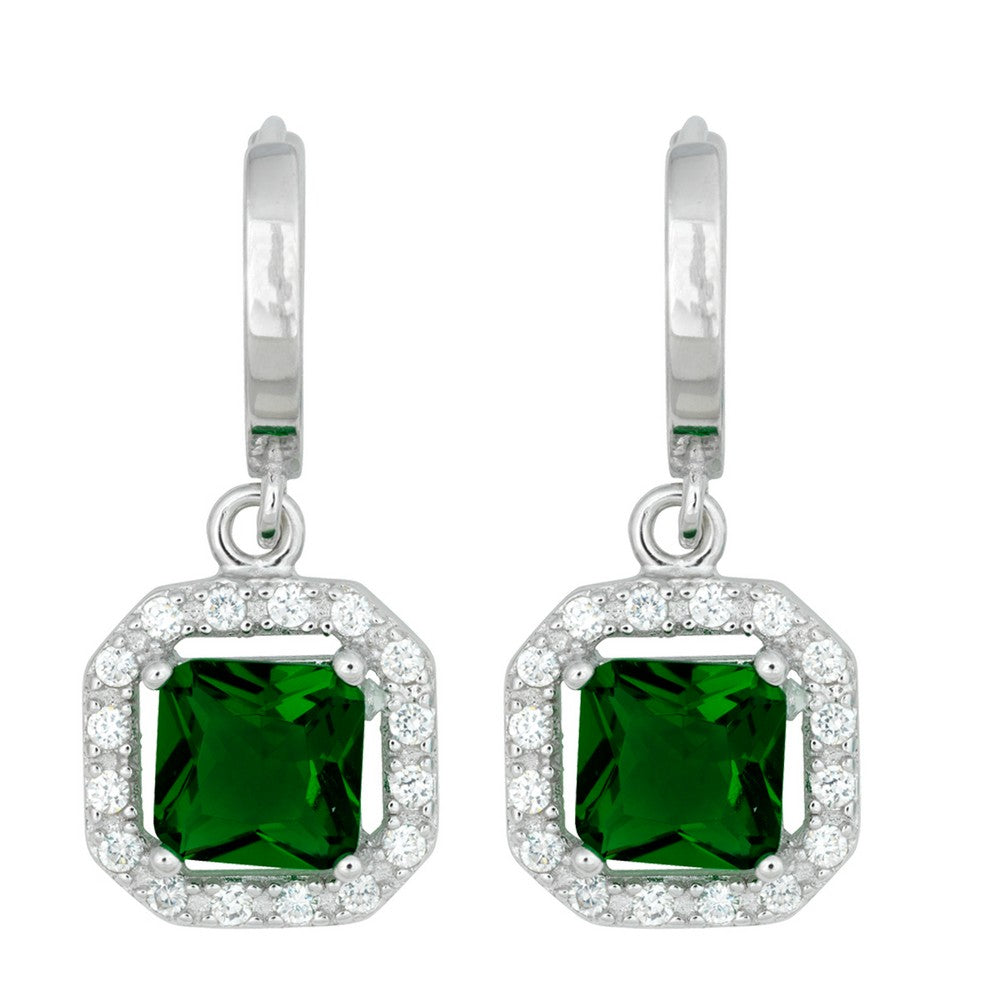 Sterling Silver Square Dangling Green CZ Micro Pave Earrings
