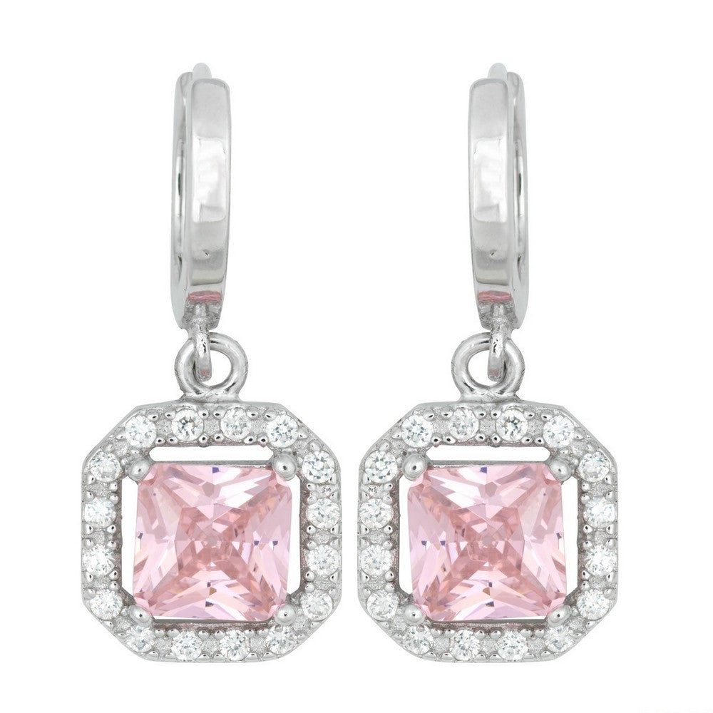 Sterling Silver Square Dangling Pink CZ Micro Pave Earrings