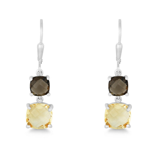 Sterling Silver 6mm and 8mm Square Smokey and Citrine Prong Set Double Drop Down Earrings