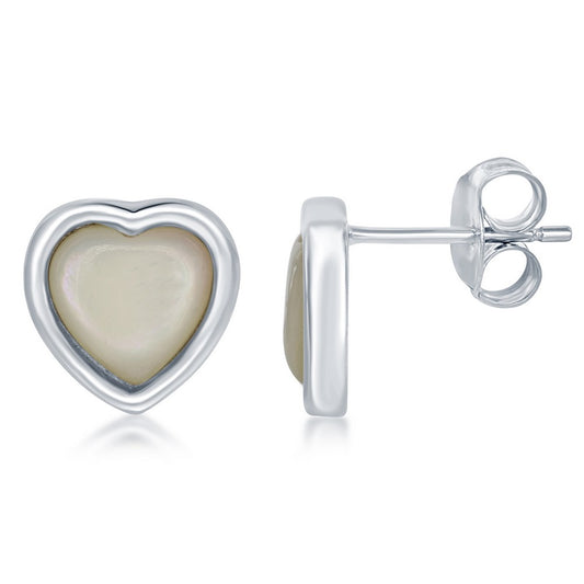 Sterling Silver Bezel Set MOP Heart Stud Earrings