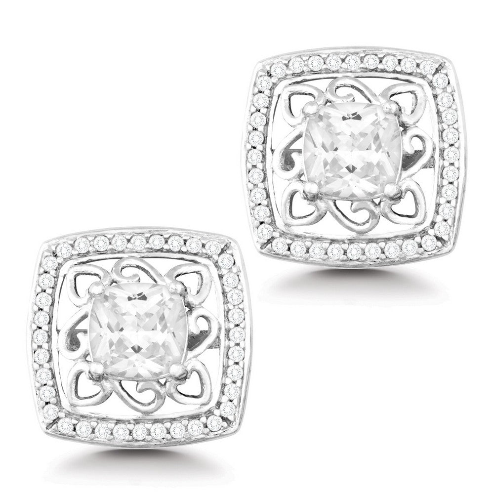 Sterling Silver CZ Open Square With Large Center CZ Earrings