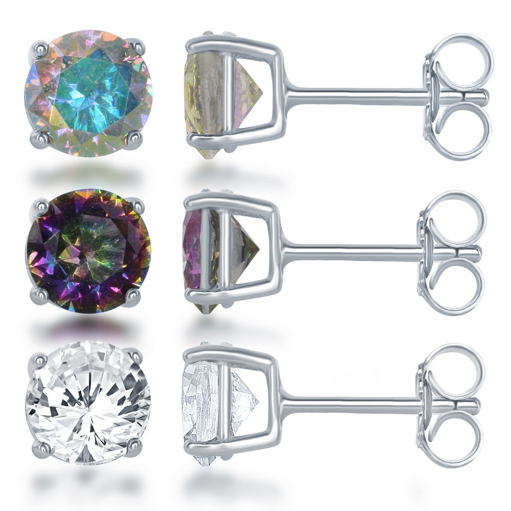 Sterling Silver 6mm Set of 3 Round Clear, AB, and Rainbow CZ Stud Earrings