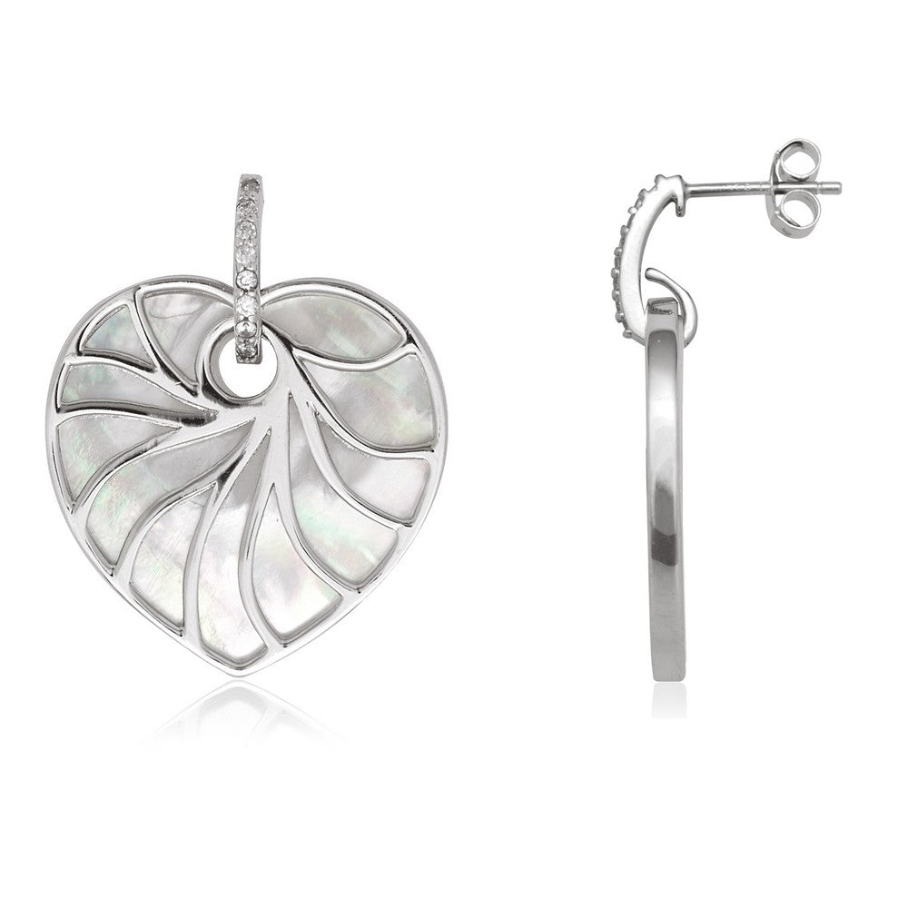 Sterling Silver Large White MOP Heart with CZ Earrings