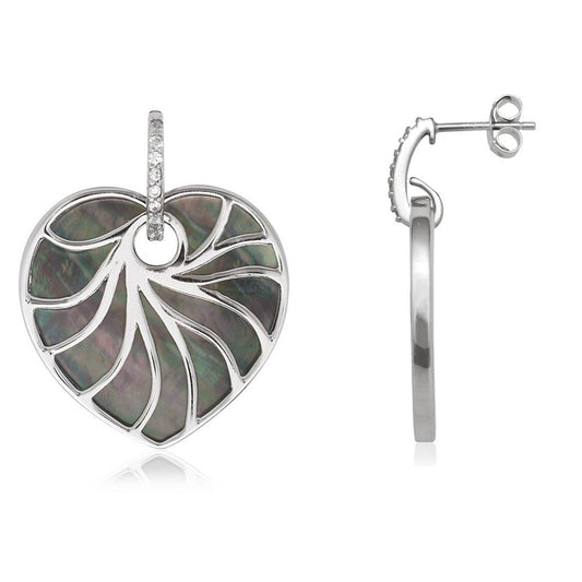 Sterling Silver Large Abalone MOP Heart with CZ Earrings