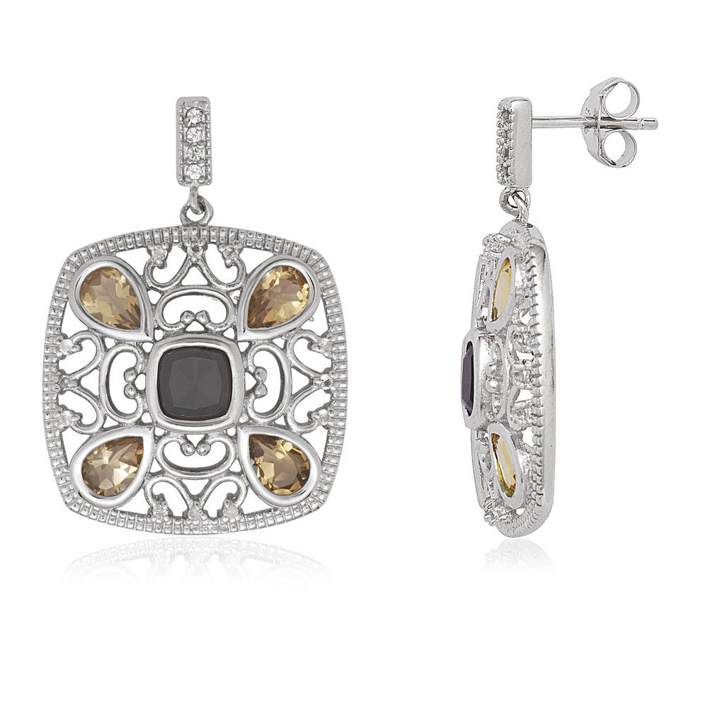 Sterling Silver Square with Center Smoky Quartz and Citrine Earrings