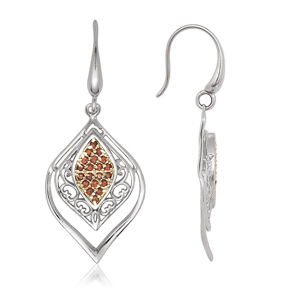 Sterling Silver Marquise Shaped Center Rose GP with Garnet Stones Earrings