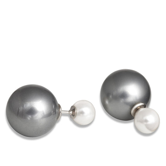 Sterling Silver 8mm & 16mm Simulated  Charcoal Gray Pearl Earrings