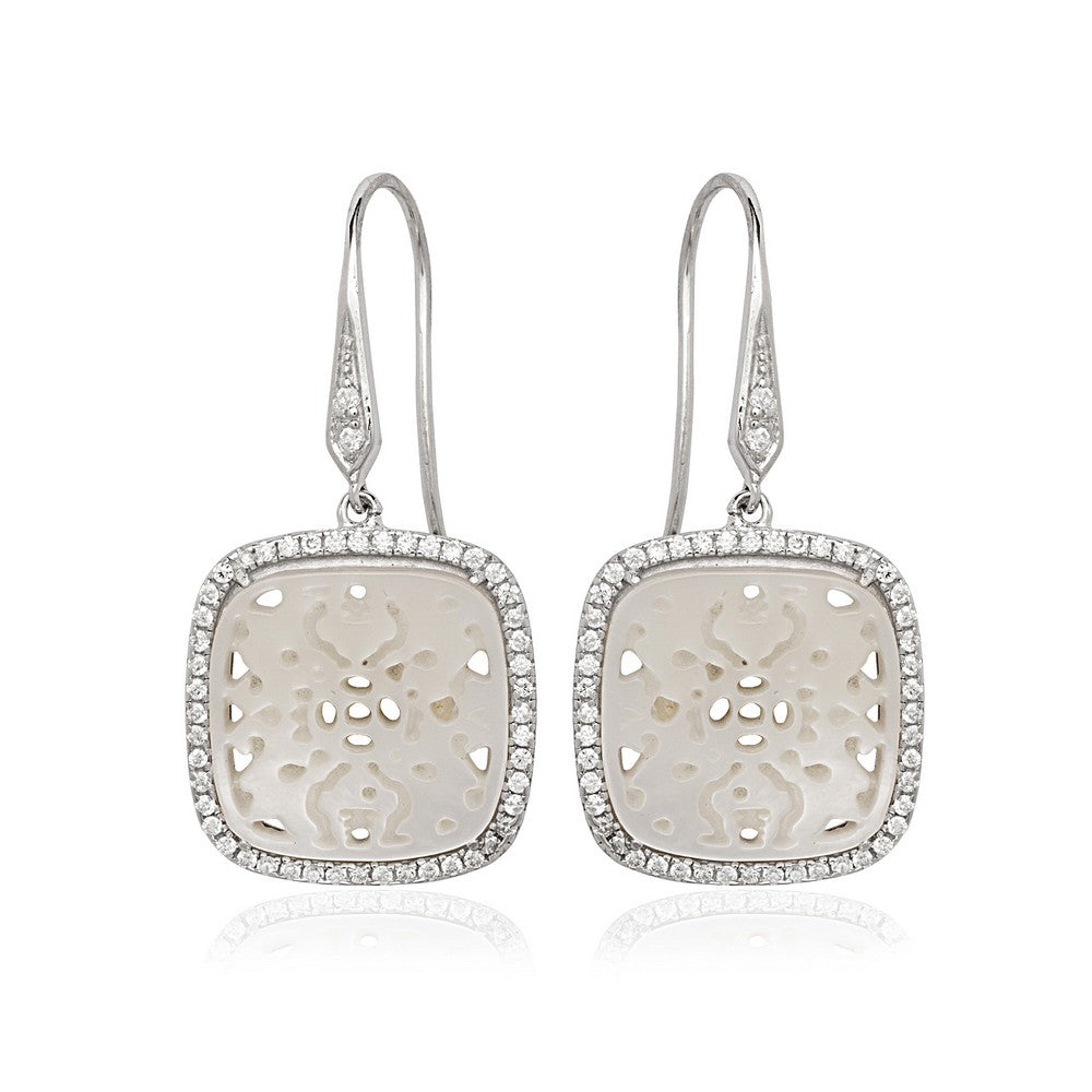Sterling Silver Square Cut Out MOP With CZ Border Earrings