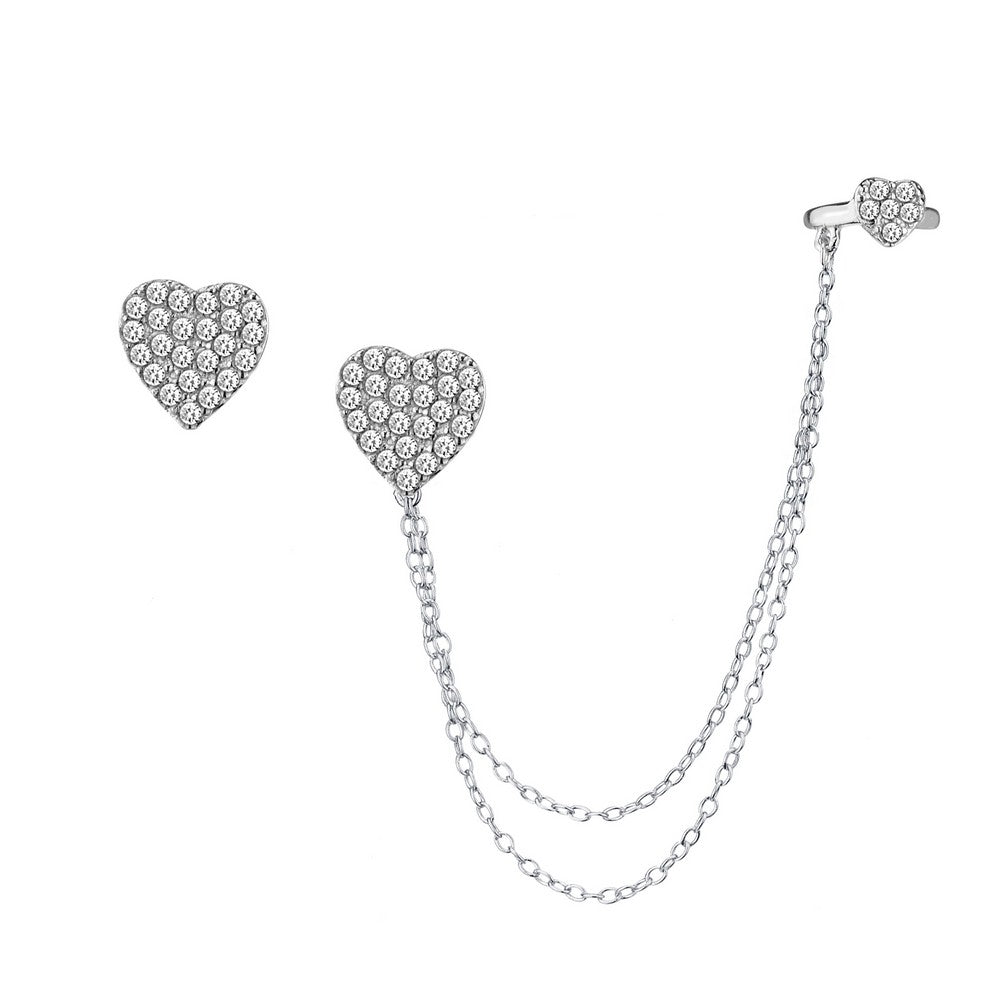 Sterling Silver Micro Pave CZ Single Stud & Stud with Cuff Heart Earrings