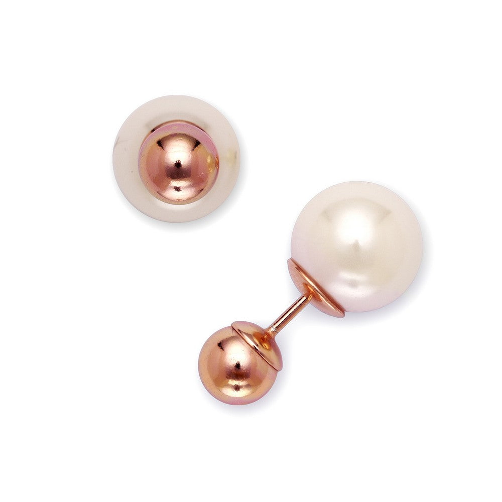 Sterling Silver 6mm Rose GP Bead with 10mm Simulated White Pearl Earrings
