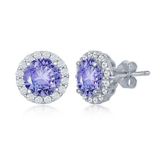 Sterling Silver Prong Round Tanzanite CZ with Clear CZ Border Stud Earrings