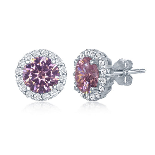 Sterling Silver Prong Round Pink CZ with Clear CZ Border Stud Earrings