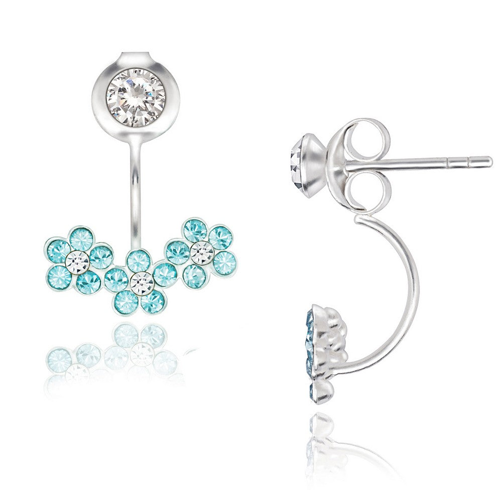 Sterling Silver Small Clear Crystal with Aquamarine Crystal Triple Flower Back Earrings