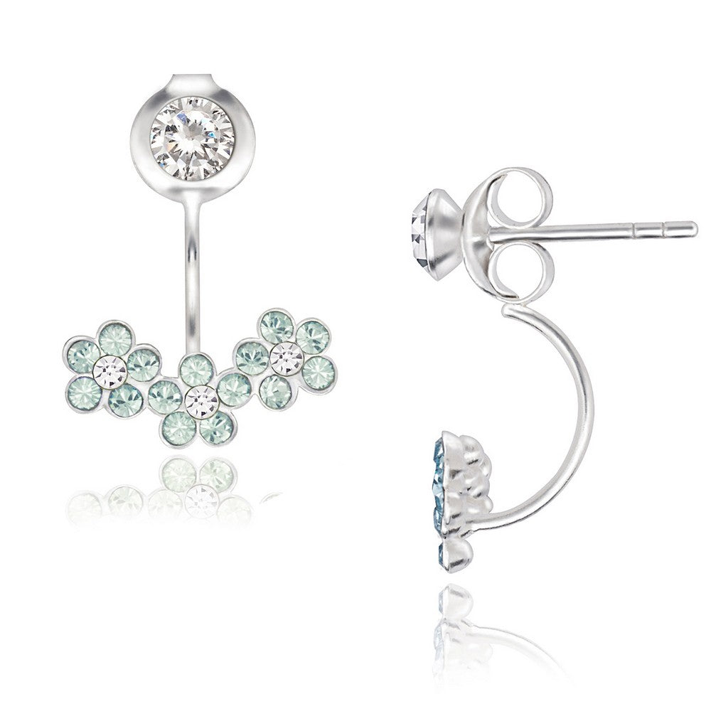 Sterling Silver Small Clear Crystal with Green Crystal Triple Flower Back Earrings