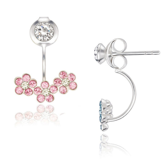Sterling Silver Small Clear Crystal with Lt. Rose Crystal Triple Flower Back Earrings
