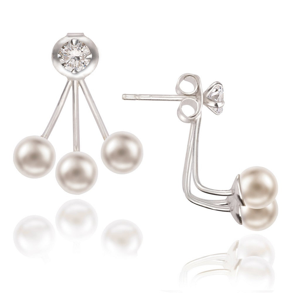 Sterling Silver 4mm CZ Front with Triple 5mm Pearl Back Earrings