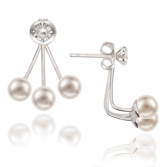 Sterling Silver 4mm CZ Front with Triple 5mm Pearl Back Earrings
