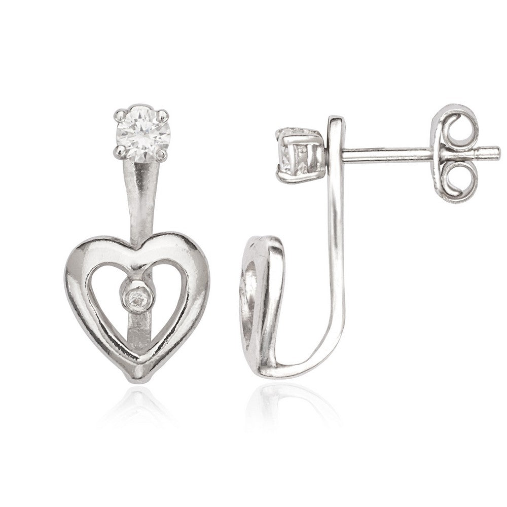 Sterling Silver Front 3mm CZ with Back Small Heart with Single CZ Earrings