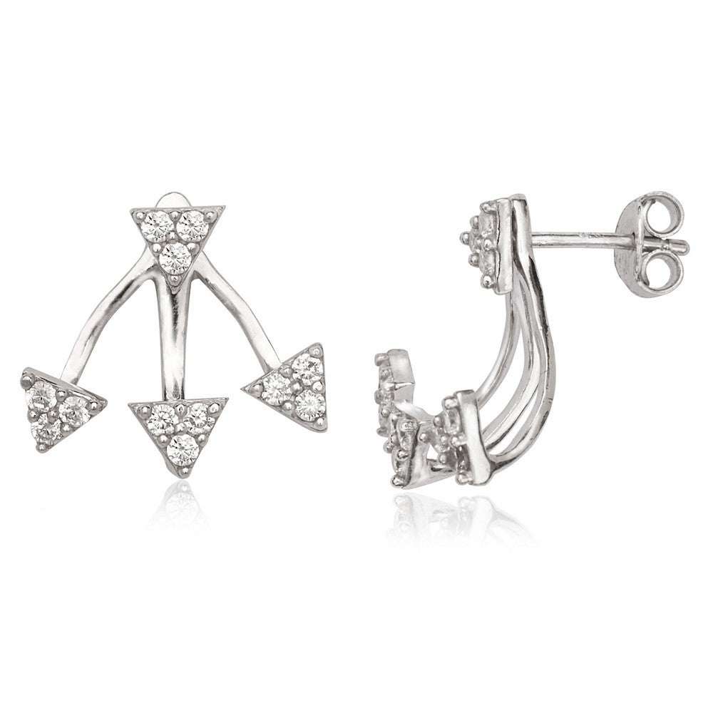 Sterling Silver Front Triangle CZ with Back Triple Triangle CZ Earrings