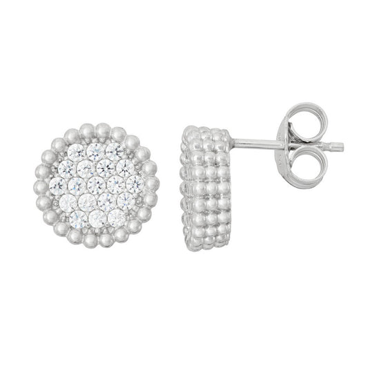 Sterling Silver Small Round CZ with Beaded Border Stud Earrings