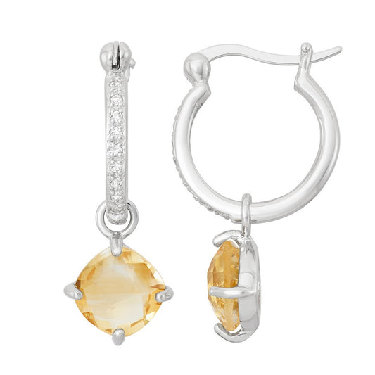 Sterling Silver Hanging Square Citrine on Dime Sized Hoop Earrings