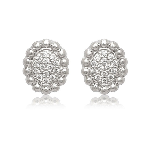 Sterling Silver Small Oval CZ with Beaded Border Stud Earrings