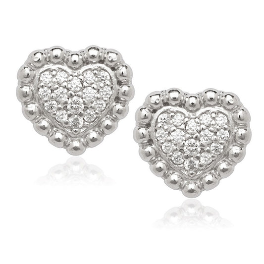 Sterling Silver Small Heart CZ with Beaded Border Stud Earrings