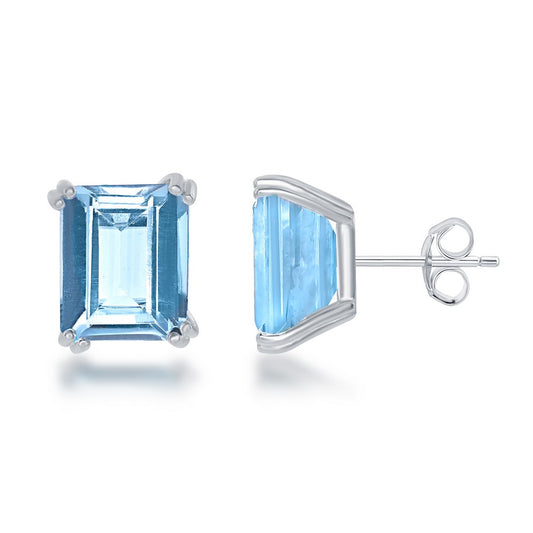Sterling Silver Rectangle Prong Set Gem Stud Earrings - Blue Topaz