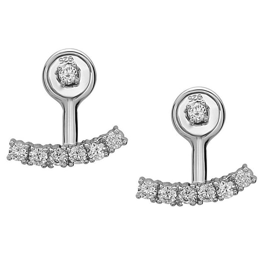 Sterling Silver Small CZ Stud with Curved CZ Bar Bottom Earrings