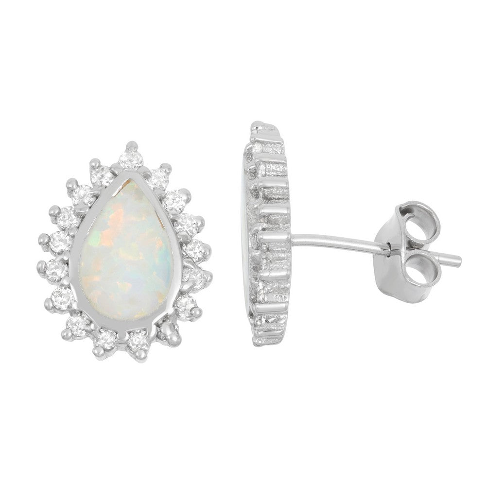 Sterling Silver White Inlay Opal Teardrop with CZ Border Stud Earrings