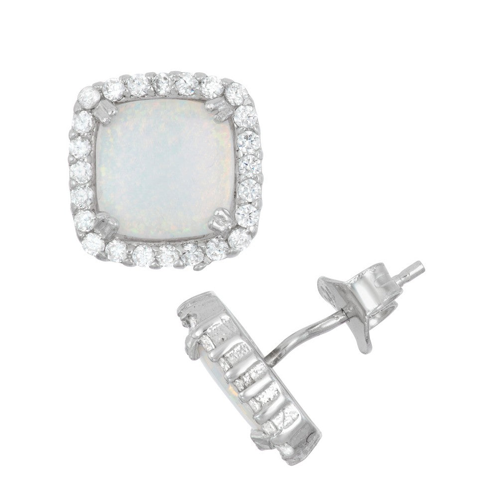 Sterling Silver Square CZ with Center White Inlay Opal Earrings
