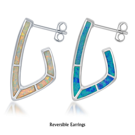 Sterling Silver Blue and White Inlay Opal U Shaped Sideways Hoop Earrings