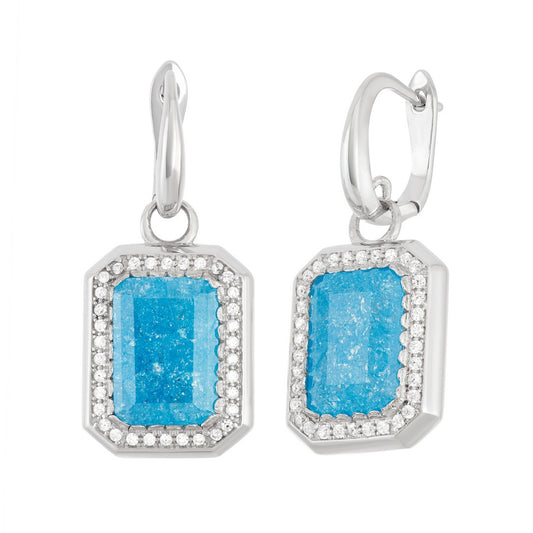 Sterling Silver Large Rectangle Blue Ice with CZ Border Earrings