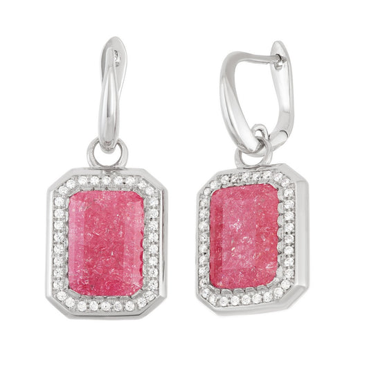 Sterling Silver Large Rectangle Dark Pink Ice with CZ Border Earrings
