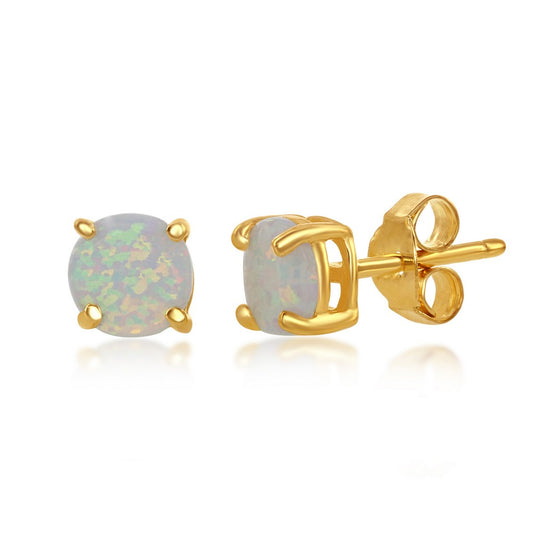 Sterling Silver 6mm White Opal Round Stud Earrings - Gold Pated